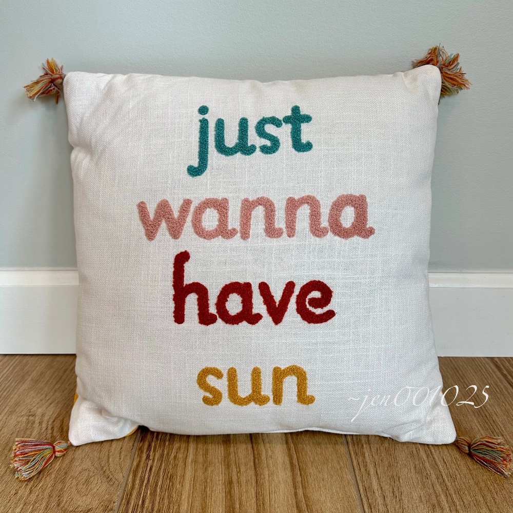 "Just Wanna Have Sun" Embroidered Throw Pillow with Tassels - Room Essentials - Picture 6 of 10